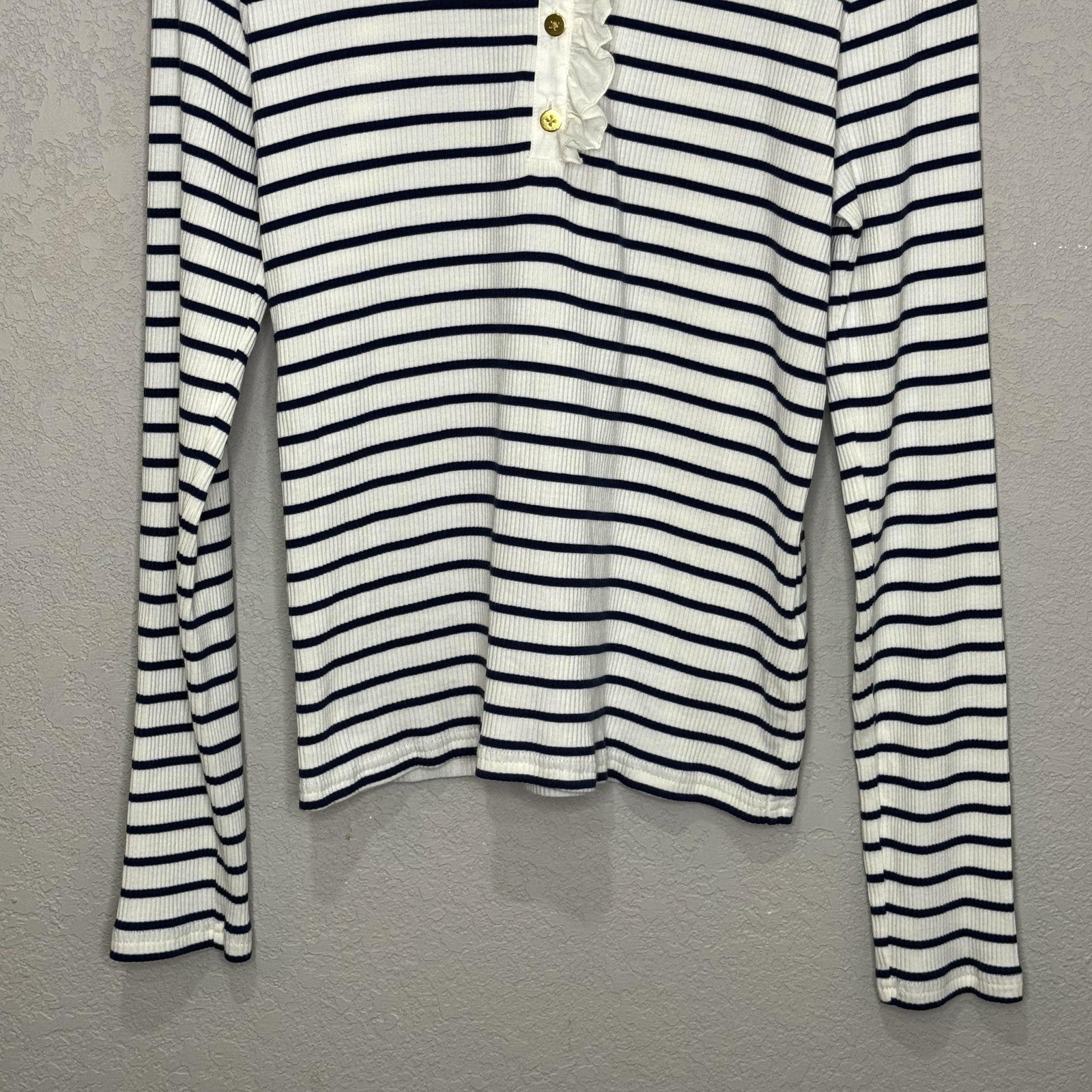 J.Crew Shirt Womens Large White Navy Striped Ruffle Henley Long Sleeve BP053