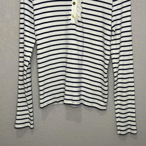 J.Crew Shirt Womens Large White Navy Striped Ruffle Henley Long Sleeve BP053