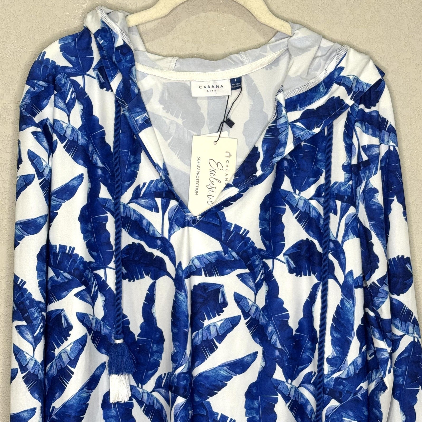 Cabana Life Cover Up Womens Large Blue Palm Print Hooded UPF 50+ Long Sleeve