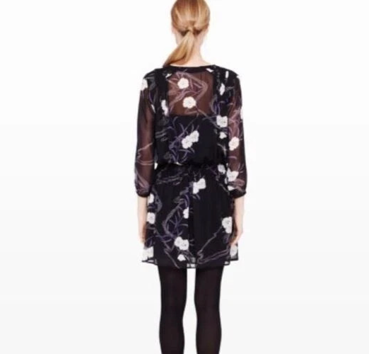 Club Monaco Roanna Dress Womens 4 Black Floral Silk Long Sleeve Mini Boho Chic