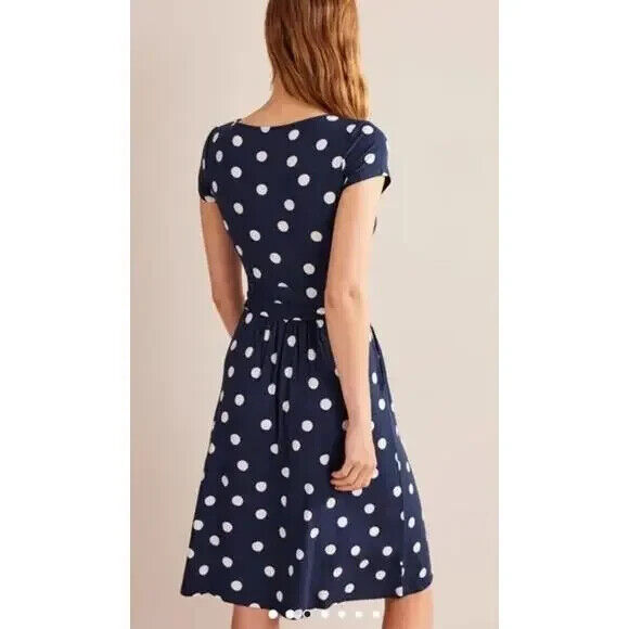 Boden Amelie Jersey Dress Size 8 Navy Blue White Painterly Spot Polka Dots