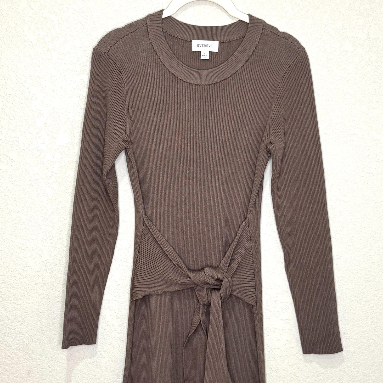 Evereve Dress Womens Small Brown Ribbed Knit Tie Waist Long Sleeve Midi Sweater