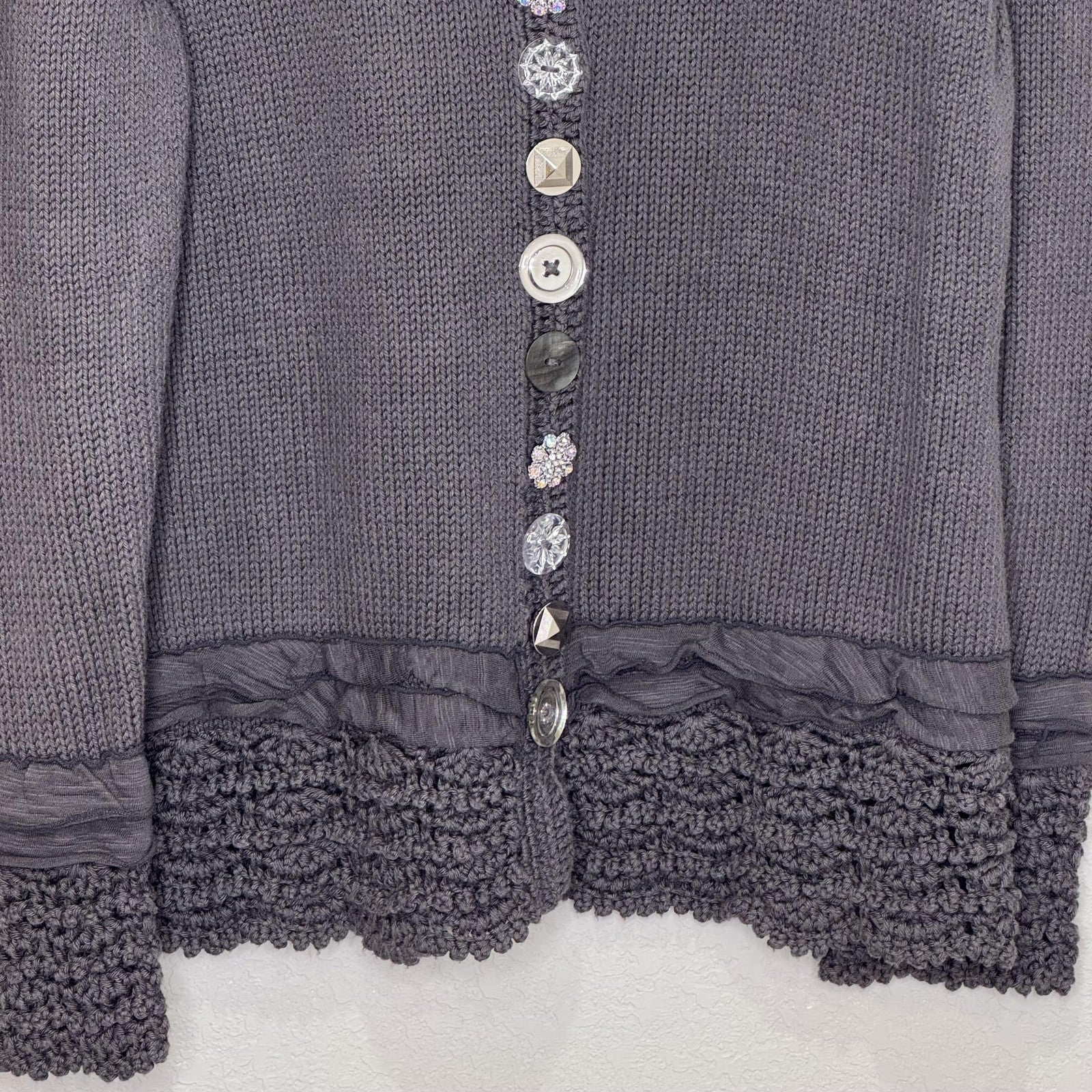 Soft Surroundings Sweater Womens M/L Gray Button Front Cardigan Crochet Trim