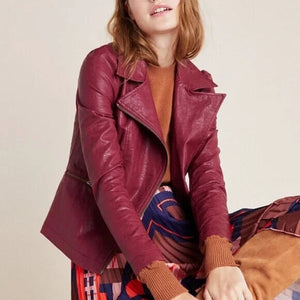 Anthropologie Wine Petula Faux Leather Puff Sleeve Moto Jacket Size Small Petite