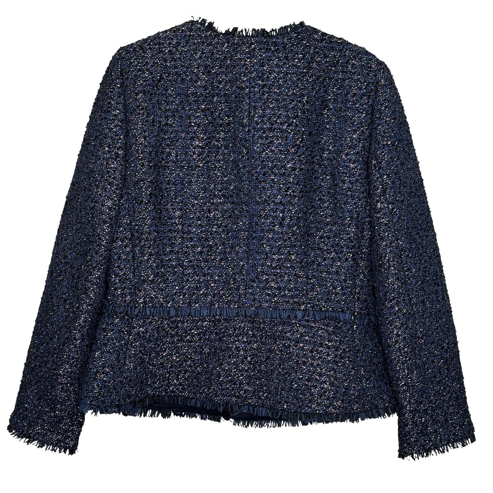 Ann Taylor Jacket Womens 4 Navy Blue Tweed Fringe Boucle Collarless Lined Office