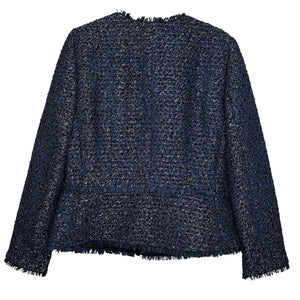Ann Taylor Jacket Womens 4 Navy Blue Tweed Fringe Boucle Collarless Lined Office