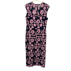 Shoshanna Pink Navy Blue Floral Guipure Lace Midi Sheath Dress Size Small