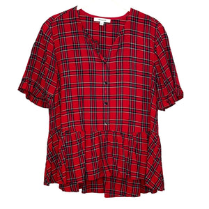 Madewell Studio Ruffle-Hem Top in Clanton Red Plaid Size Small