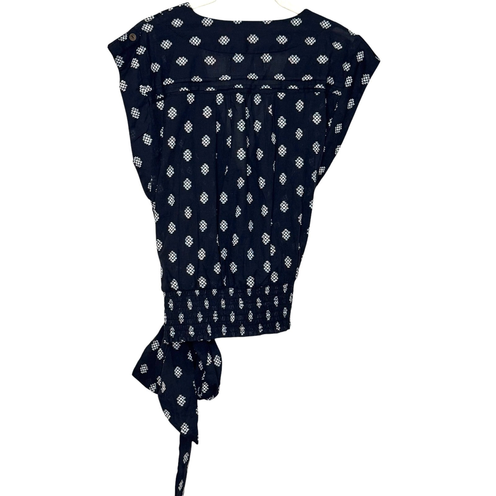 Anthropologie Top Size Small Black White Motif V Neck Tie Waist Surplice Blouse