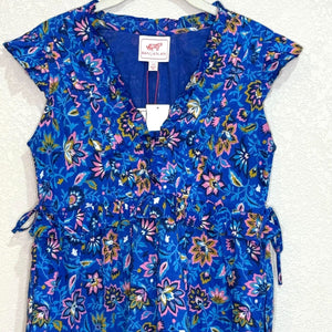 Banjanan NEW Azure Blue Floral Cotton V-Neck Ruffle Mini Chandra Dress Size XS