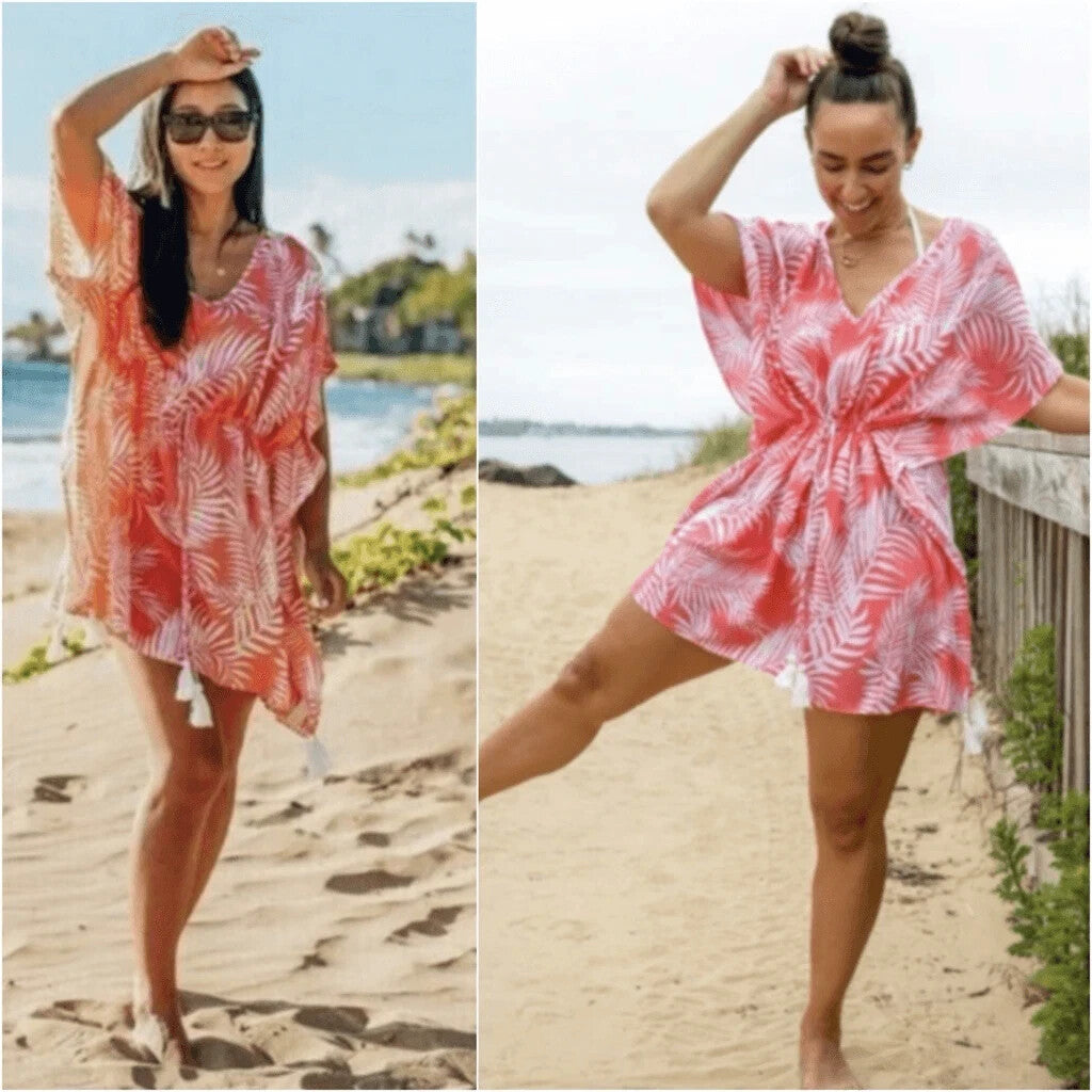Cleobella Dreamy Sunset Swim Cover-Up  One Size Tassels Palm Print Coral White
