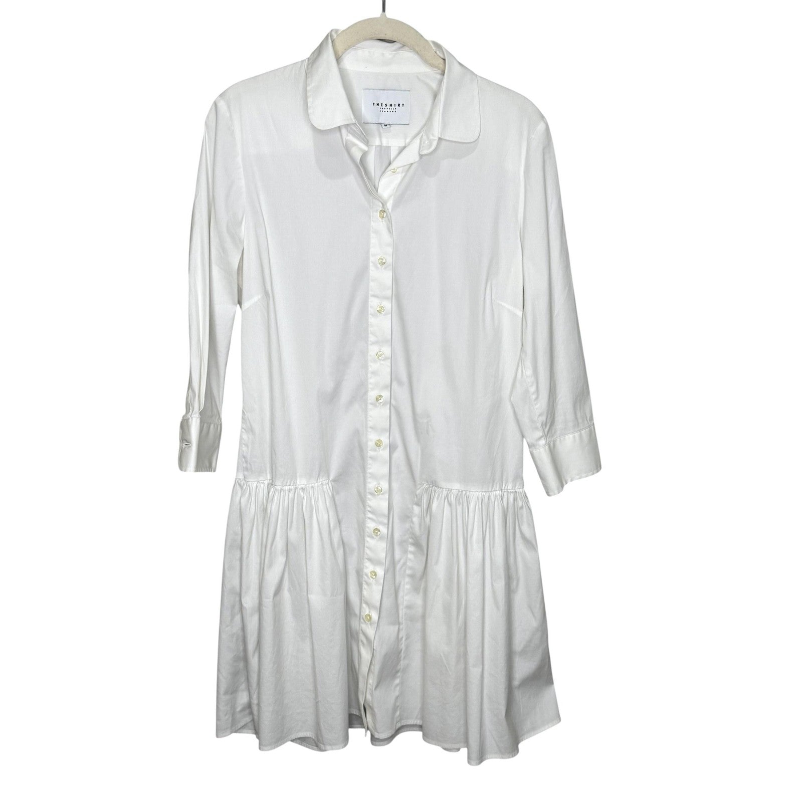 THESHIRT Rochelle Behrens Shirt Dress Womens Medium White Drop Waist Ruffle Hem