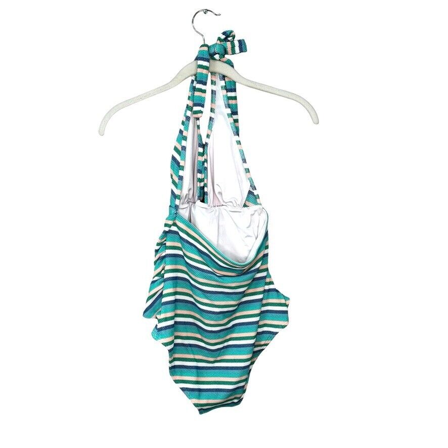 Shoshanna Blue Striped Tie Waist One Piece Halter Swimsuit Size 8 NEW $215