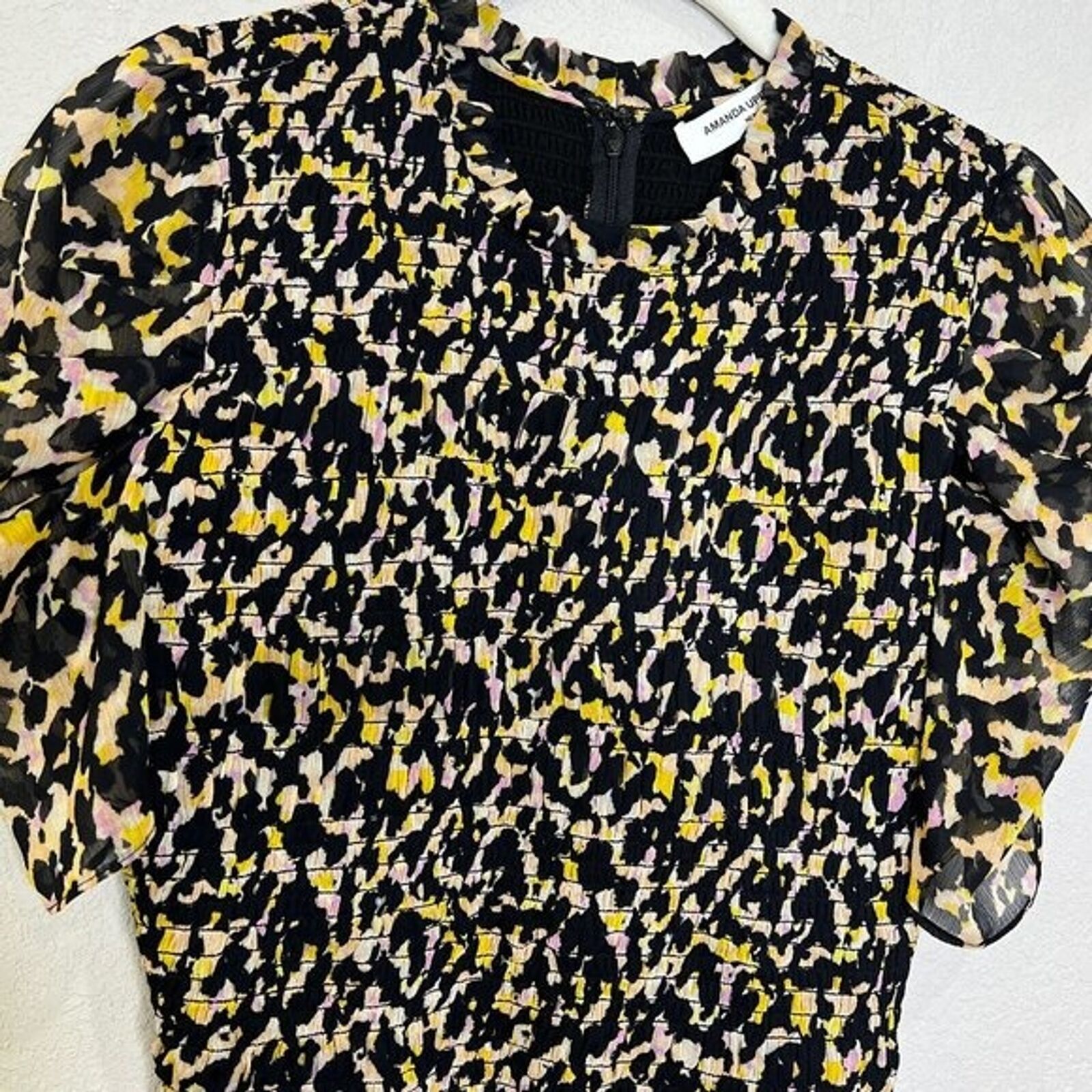 Amanda Uprichard Top Size Small Adrina Smocked Blouse Black Animal Print