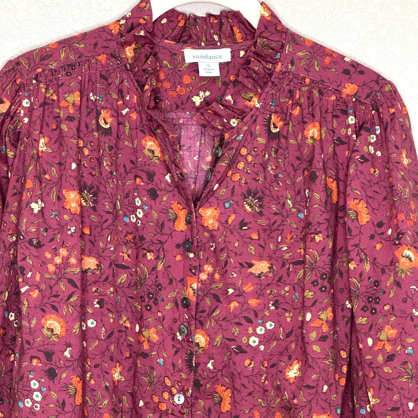 Sundance Blouse Womens Small Burgundy Floral Button Front Long Sleeve Top Cotton