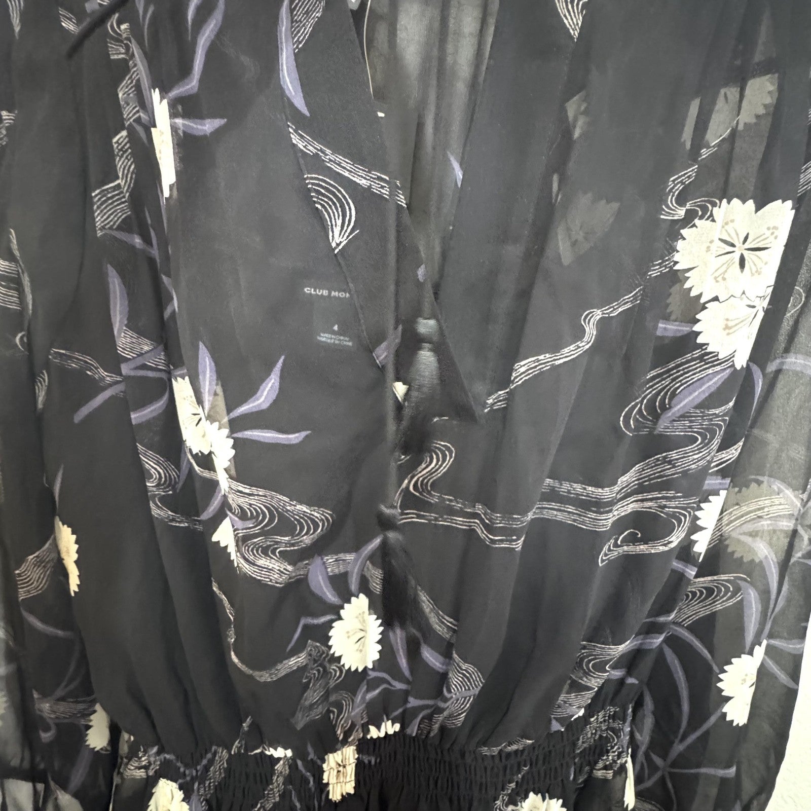 Club Monaco Roanna Dress Womens 4 Black Floral Silk Long Sleeve Mini Boho Chic