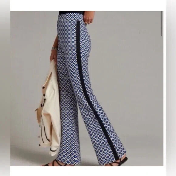 Anthropologie Maeve Ponte Flair Pants Size Medium Blue Black White Geometric