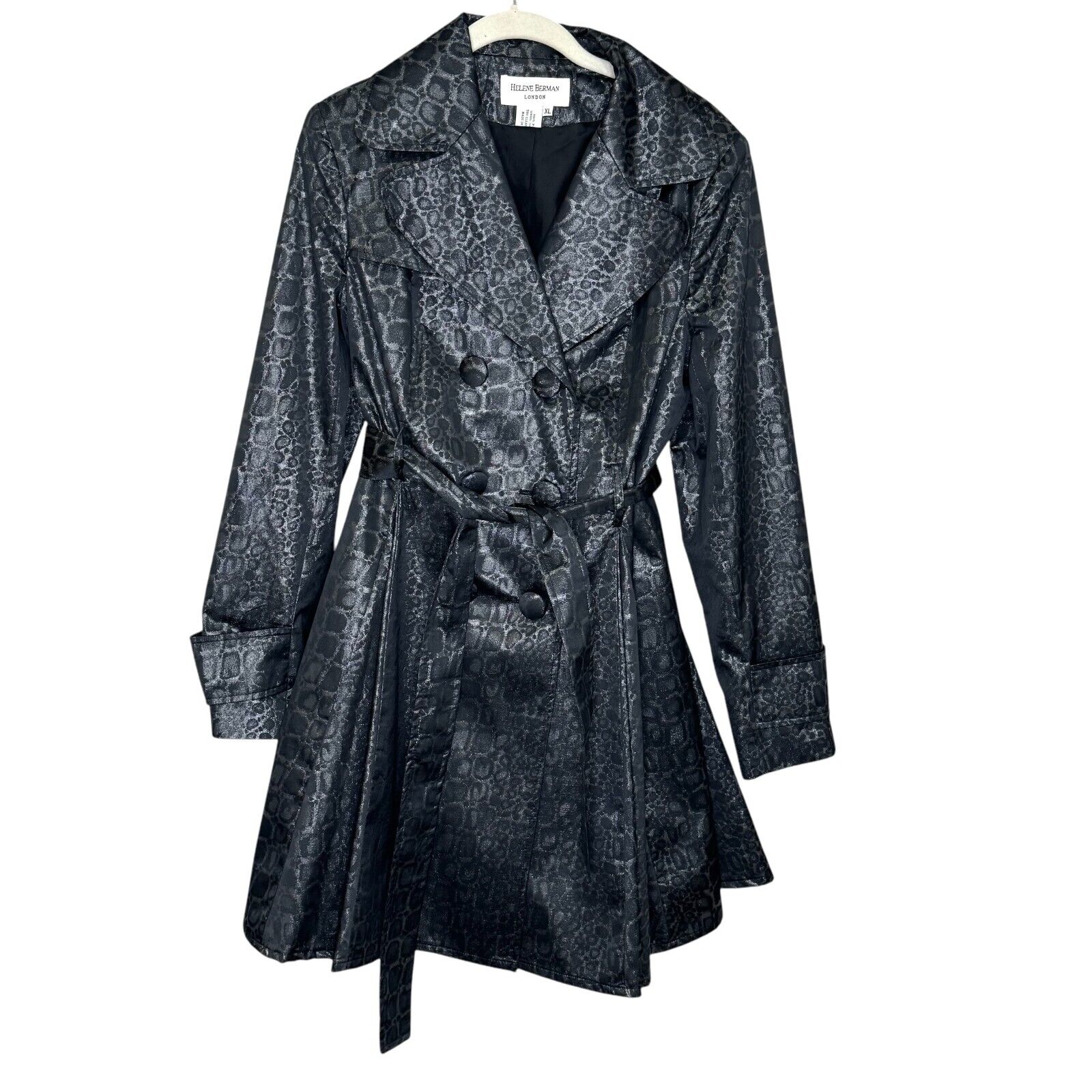 Helene Berman London Trench Coat Jacket Size XL Black Silver Belted Animal Print