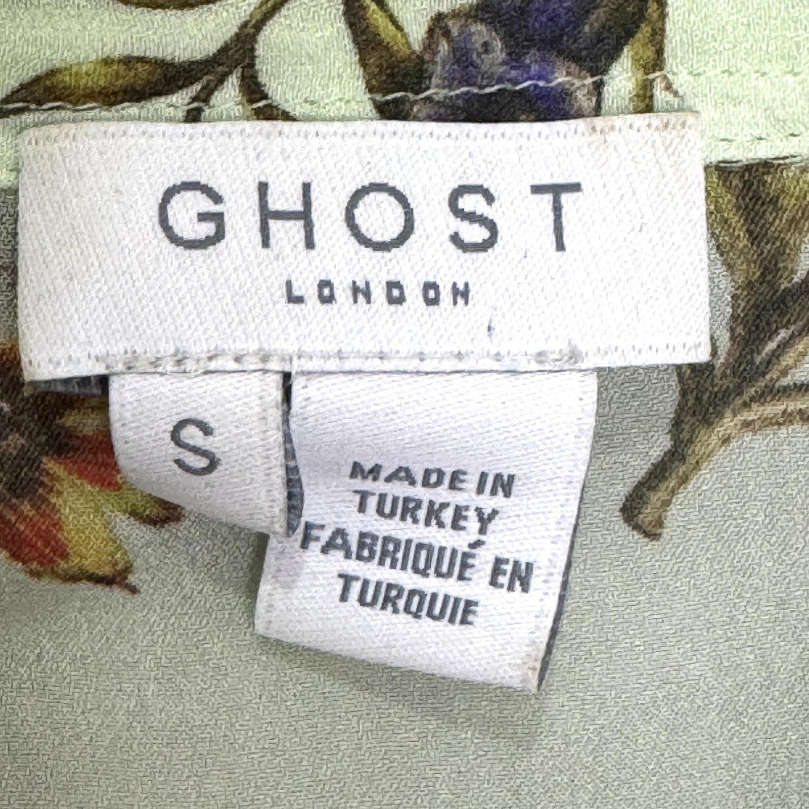 Ghost London Shirt Womens Small Green Floral Tie Waist Ruffle Sheer Blouse Top