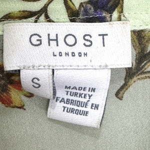 Ghost London Shirt Womens Small Green Floral Tie Waist Ruffle Sheer Blouse Top