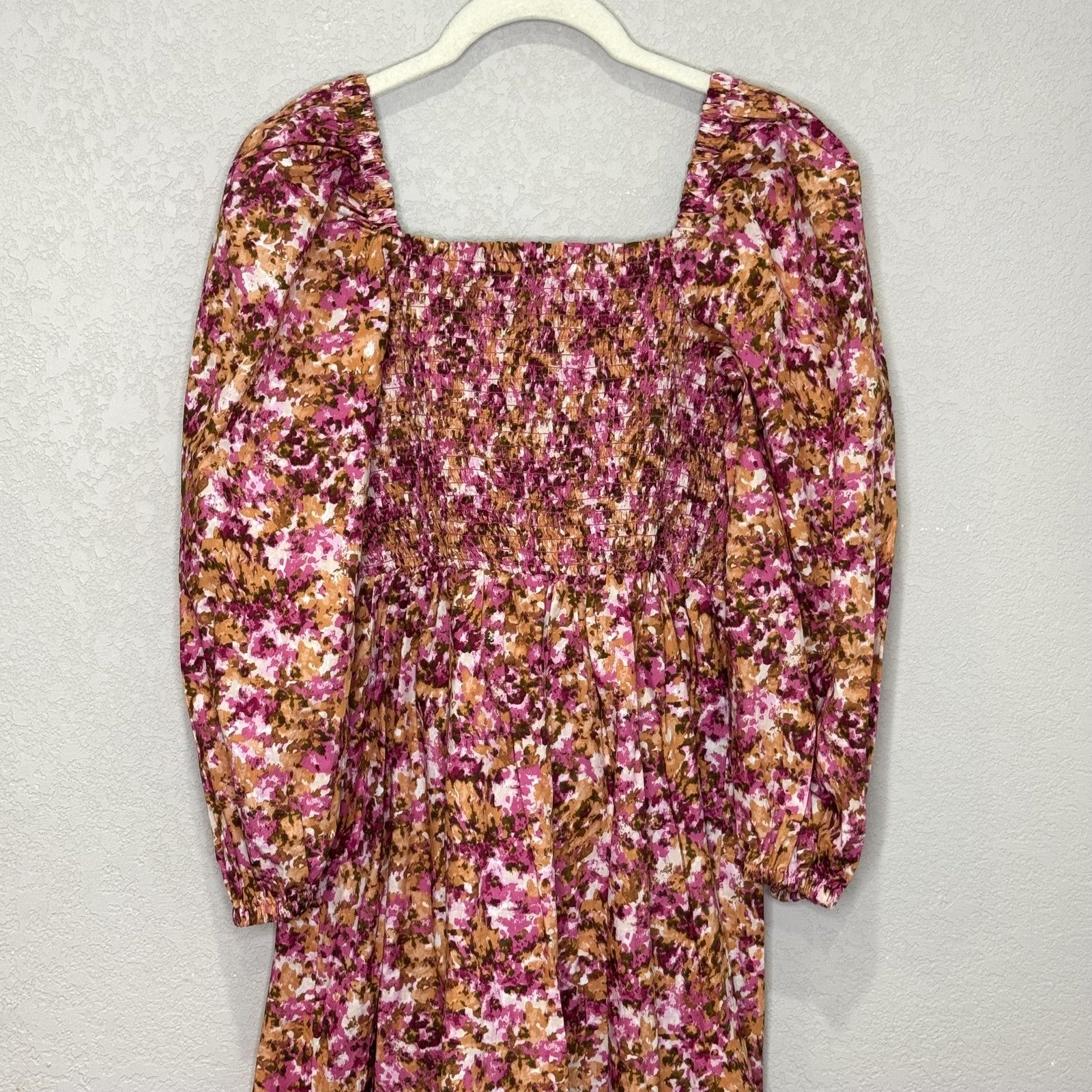 J Crew Dress Womens Small Pink Brown Floral Smocked Midi Long Sleeve $128