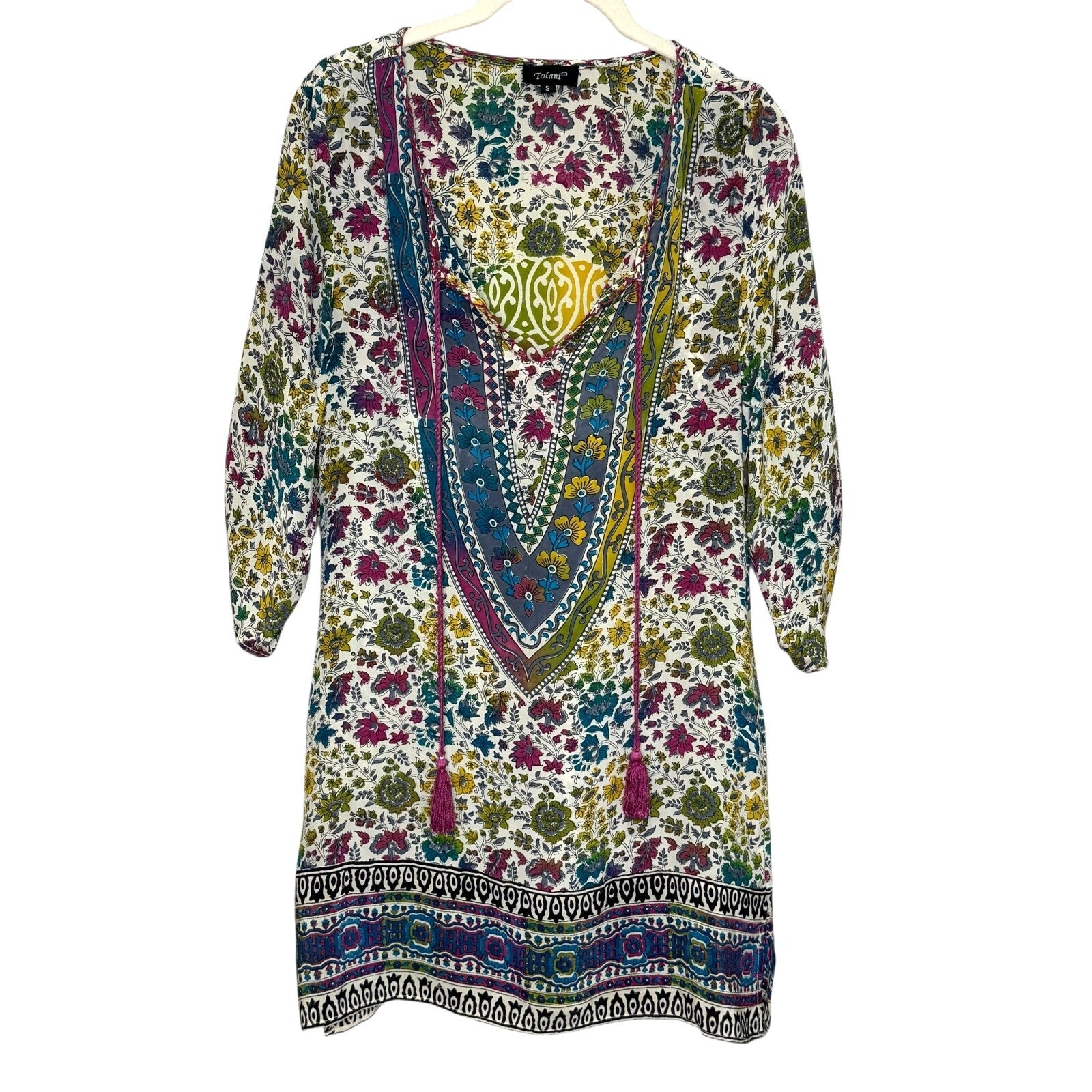 Tolani Silk Printed Madison Dress Tunic Top Size Small Boho Tassels V Neck