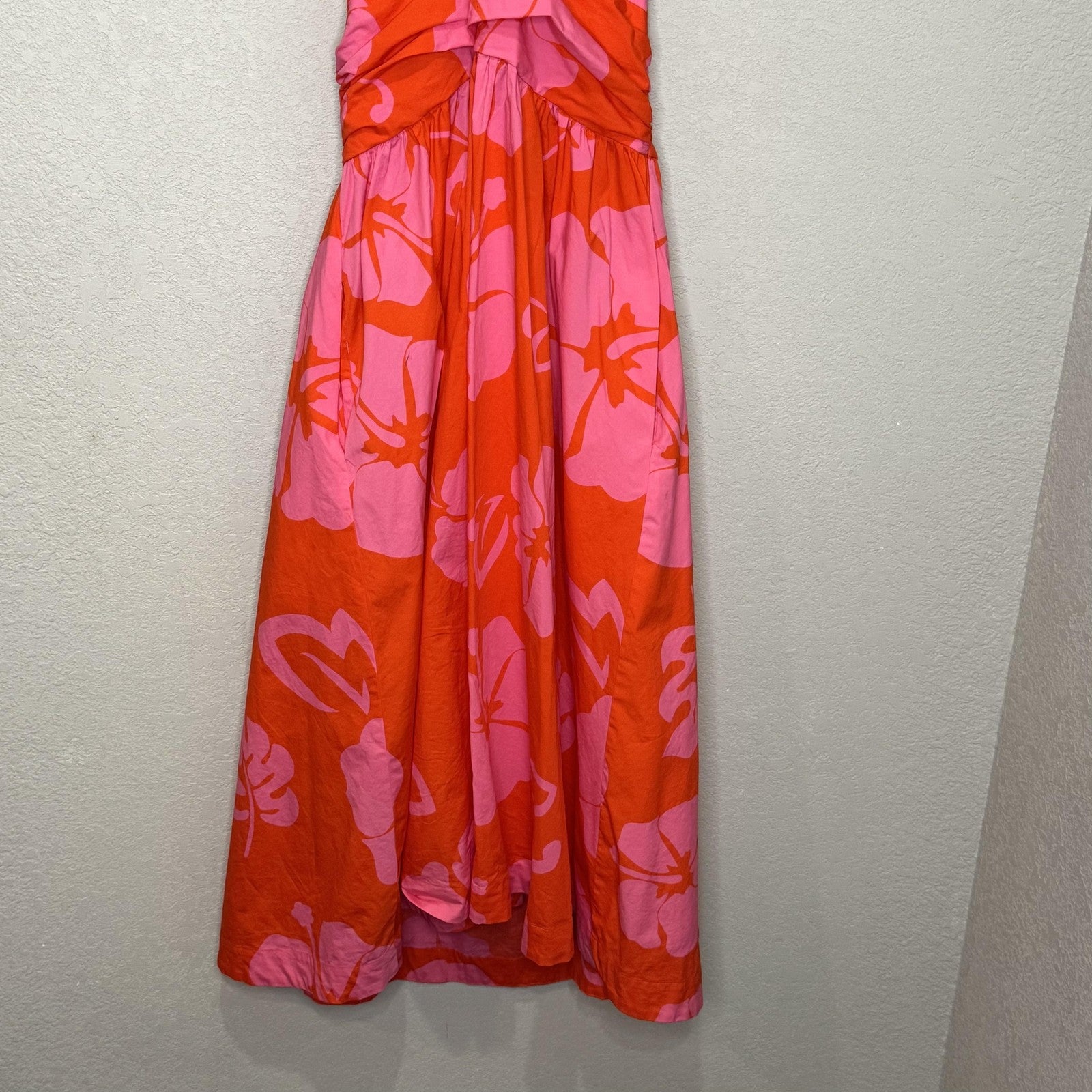 Staud Dress Moana 8 Red Pink Floral Halter Midi Open Back Summer Vacation Beach