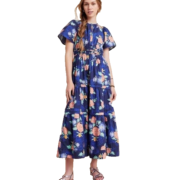 Anthropologie Somerset Cotton Maxi Dress Blue Floral Size Small $168