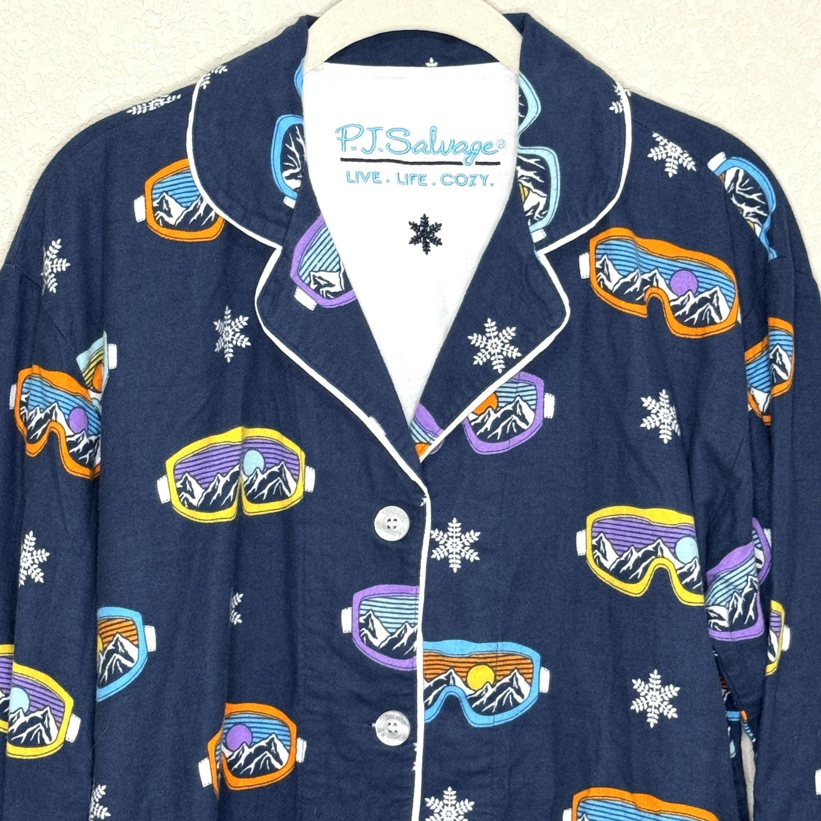 PJ Salvage Pajama Set Womens Small Blue Ski Goggle Print Flannel Top Pants Cozy