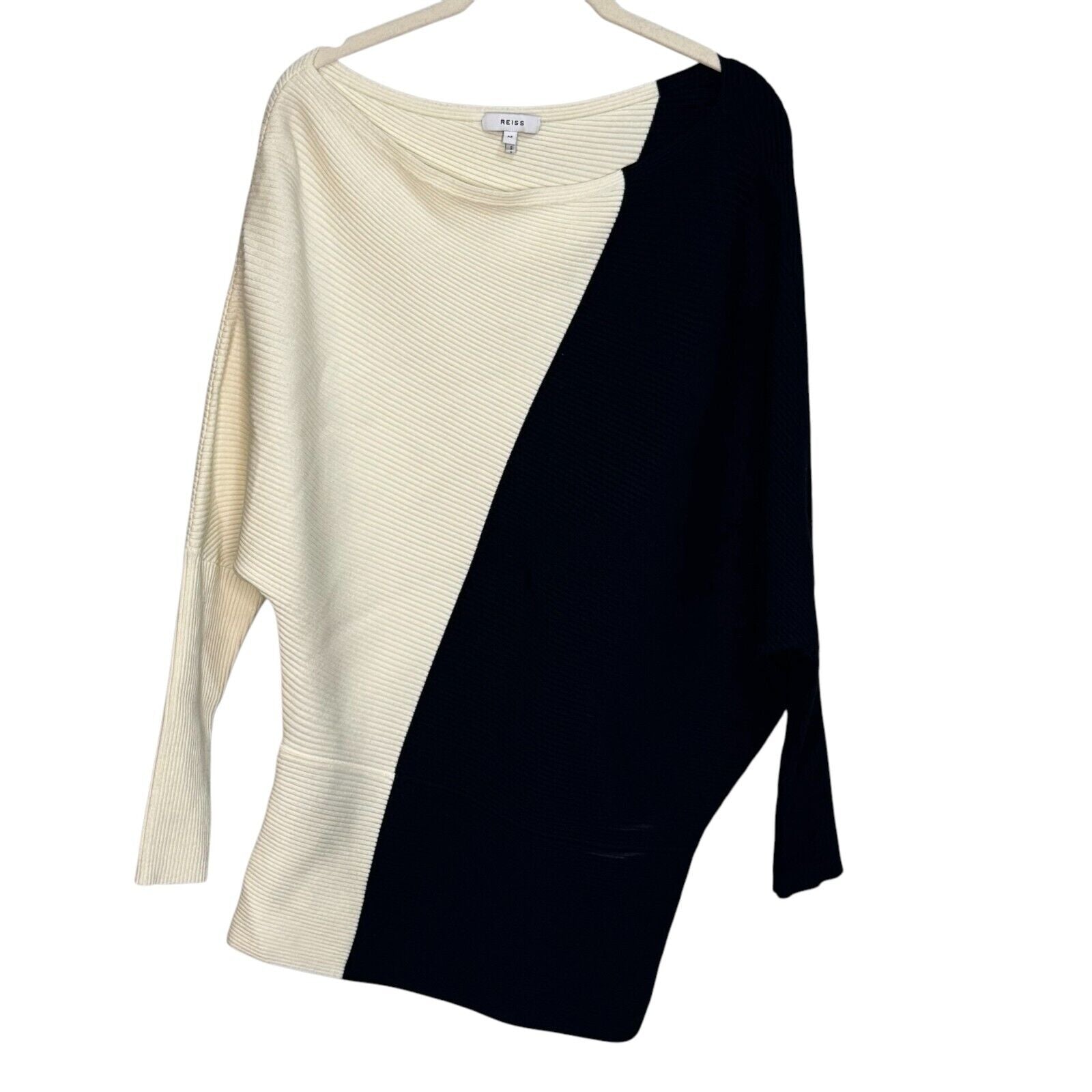 Reiss Lucy Black Ivory Color Block Knitted Off Shoulder Sweater Size Medium $240