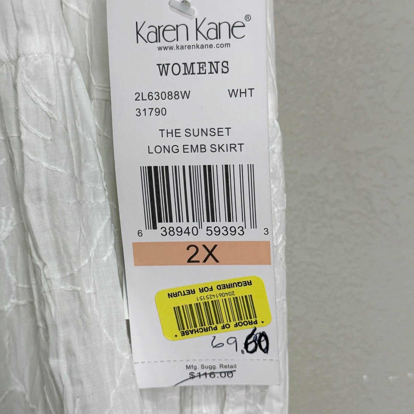 Karen Kane Maxi Skirt Size 2X White The Sunset Embroidered Lined NEW $116