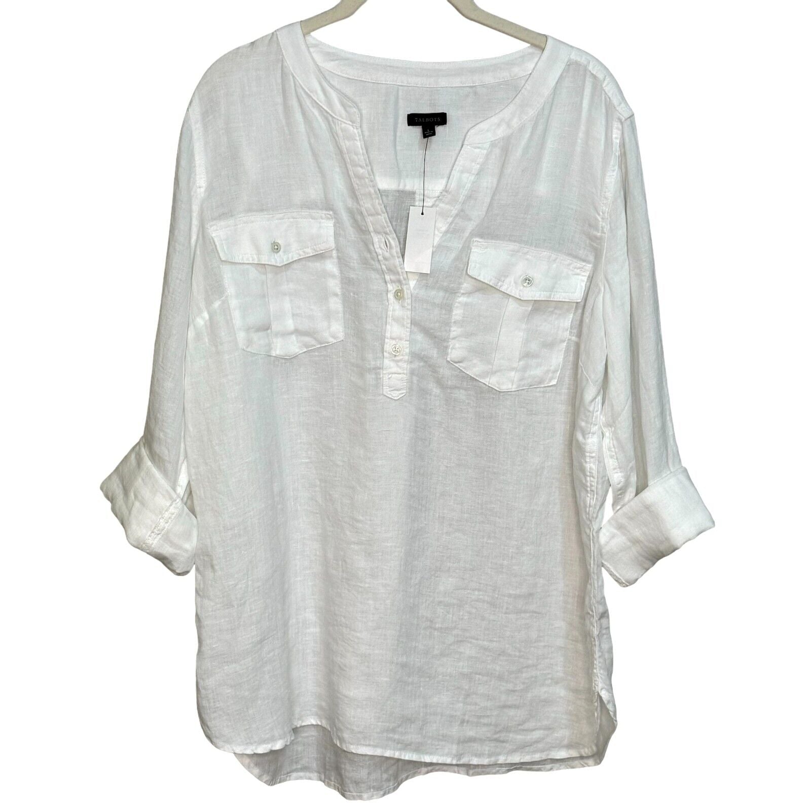 Talbots White Linen Band Collar Popover Top Shirt Cross Dye Size Large NEW $99