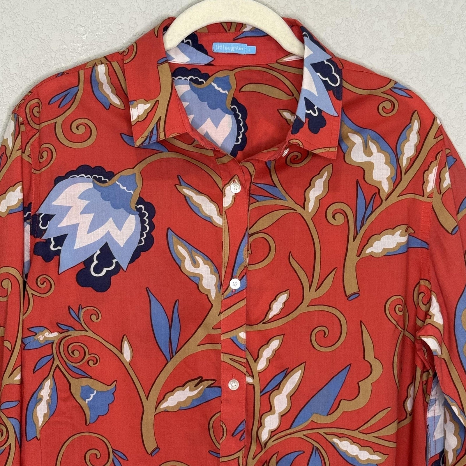J McLaughlin Shirt Mens Large Red Blue Tan Floral Button Up Long Sleeve Cotton