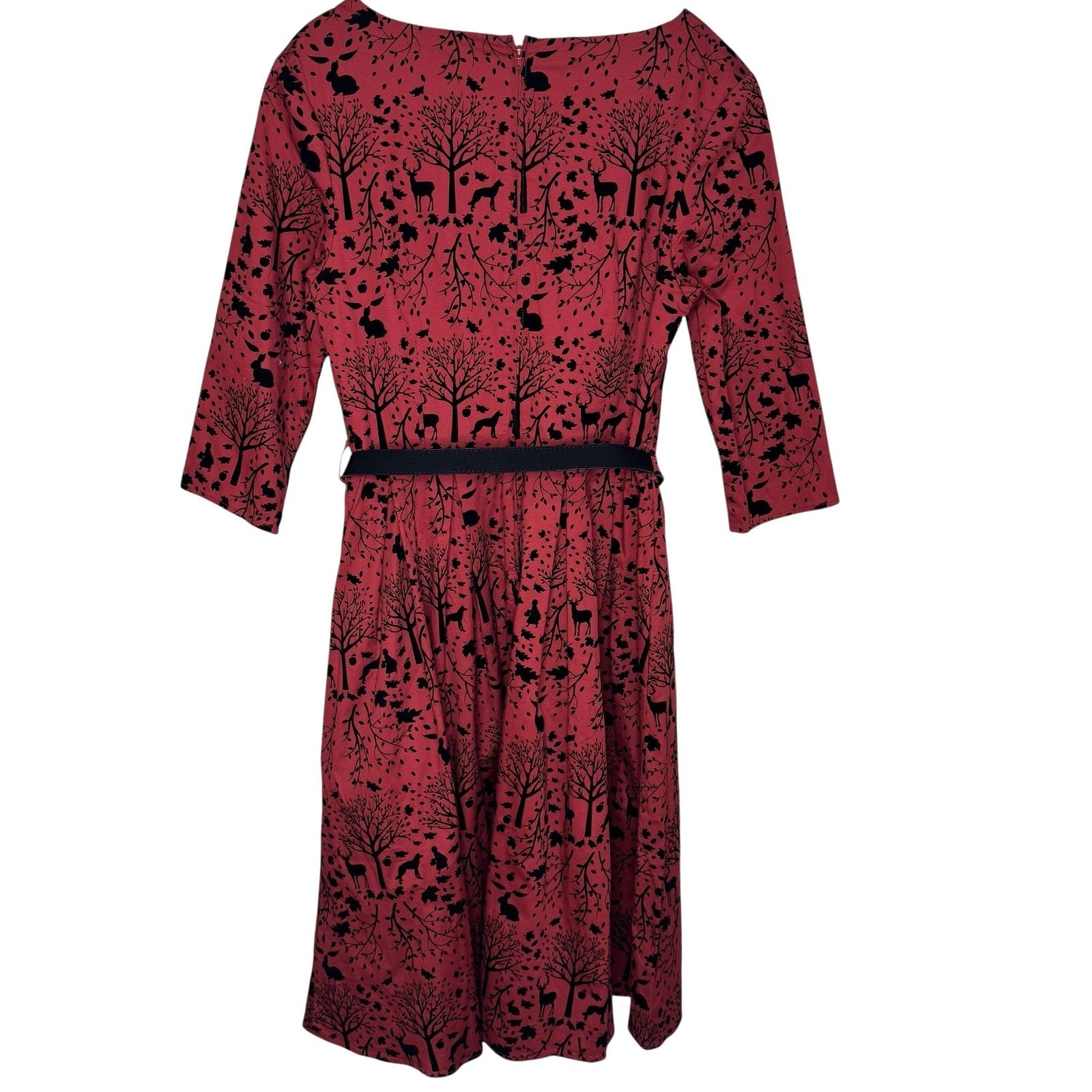 Hell Bunny Vixen Dress Medium Red Riding Hood Forest Print Pockets Belted Retro