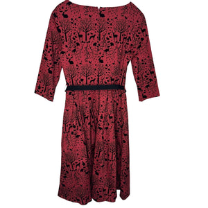 Hell Bunny Vixen Dress Medium Red Riding Hood Forest Print Pockets Belted Retro