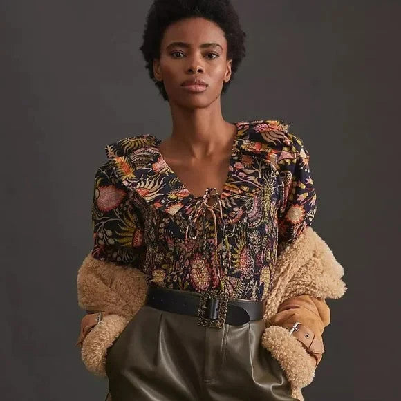 Love The Label Blouse Womens Small Black Multi Smocked Floral Boho Peasant Top