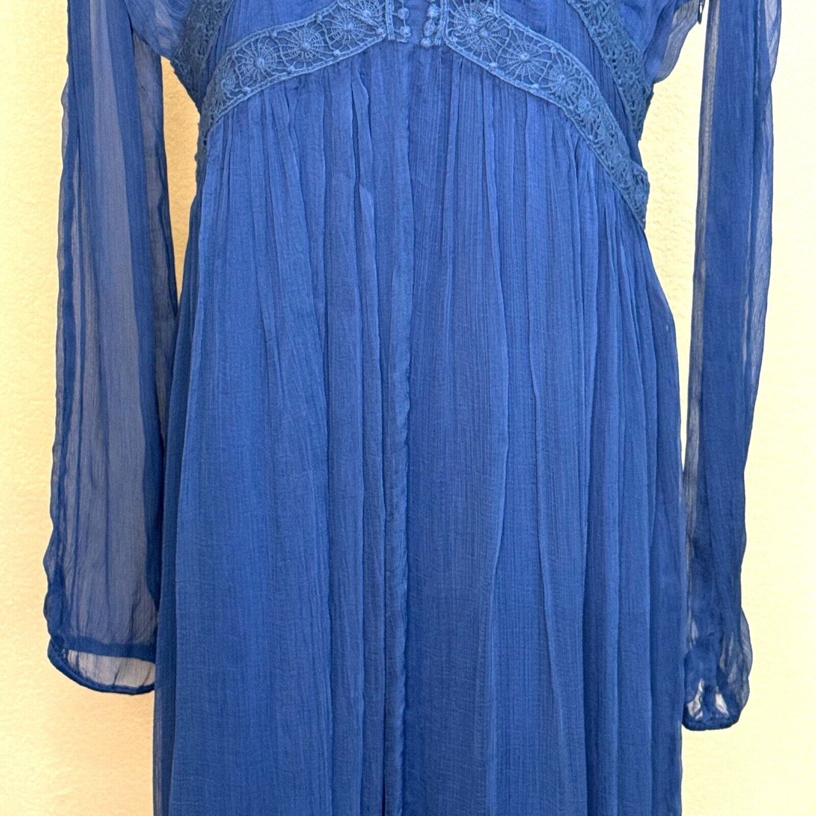 Sundance Time After Time Blue Lapis Sheer Lace Long Sleeve Slip Dress Size 12