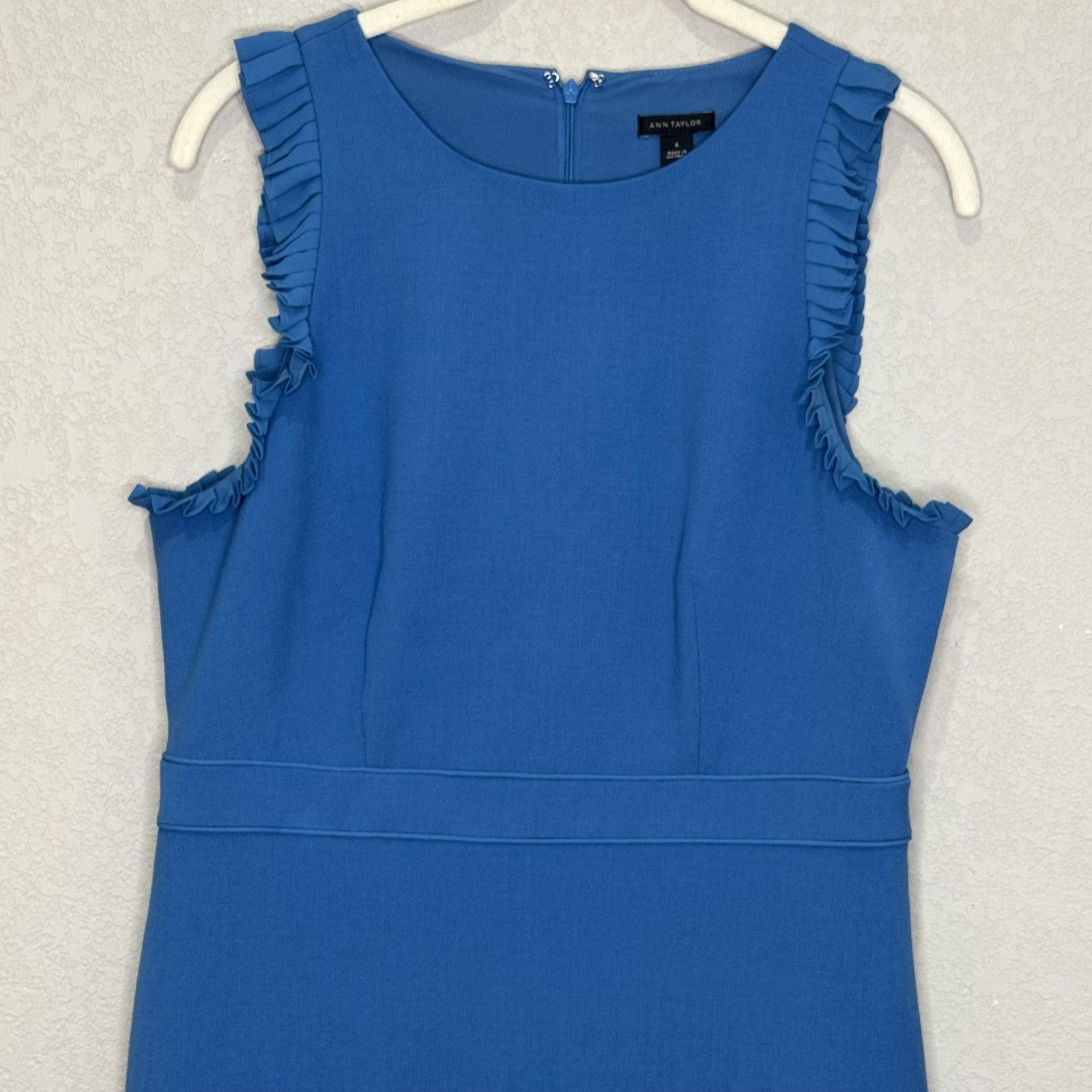 Ann Taylor Dress Womens 6 Sleeveless Ruffle Sheath Pleated Trim Career Office