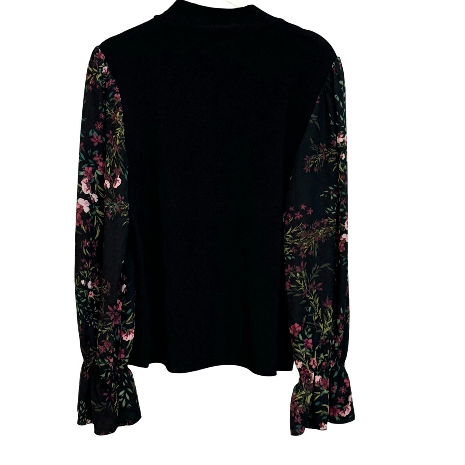 Cece Black Floral-Sleeve Mock-Neck Knit Top Size Small