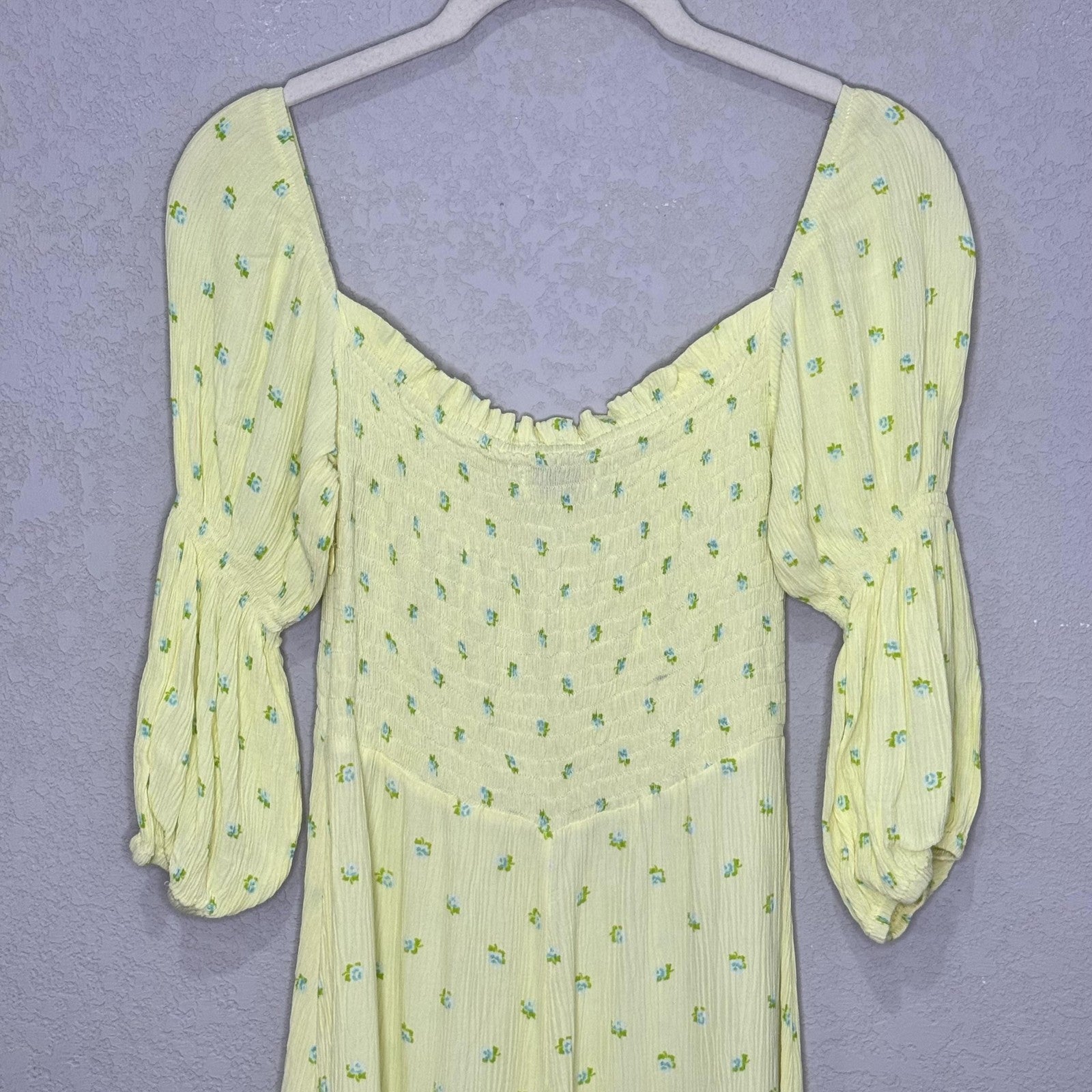 Faithfull The Brand Nora Dress Small Yellow Floral Smocked Puff Sleeve Midi