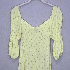 Faithfull The Brand Nora Dress Small Yellow Floral Smocked Puff Sleeve Midi