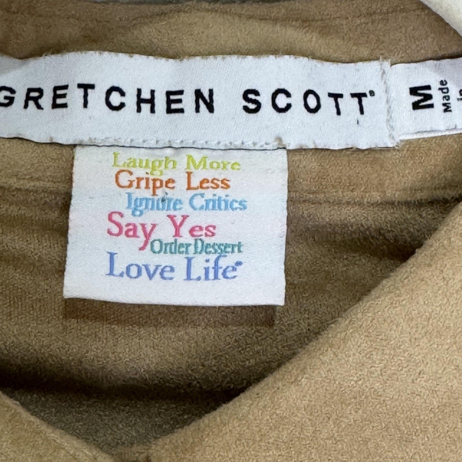 Gretchen Scott Shirt Womens Medium Tan Button Front Ruffle Cuff Tunic Blouse