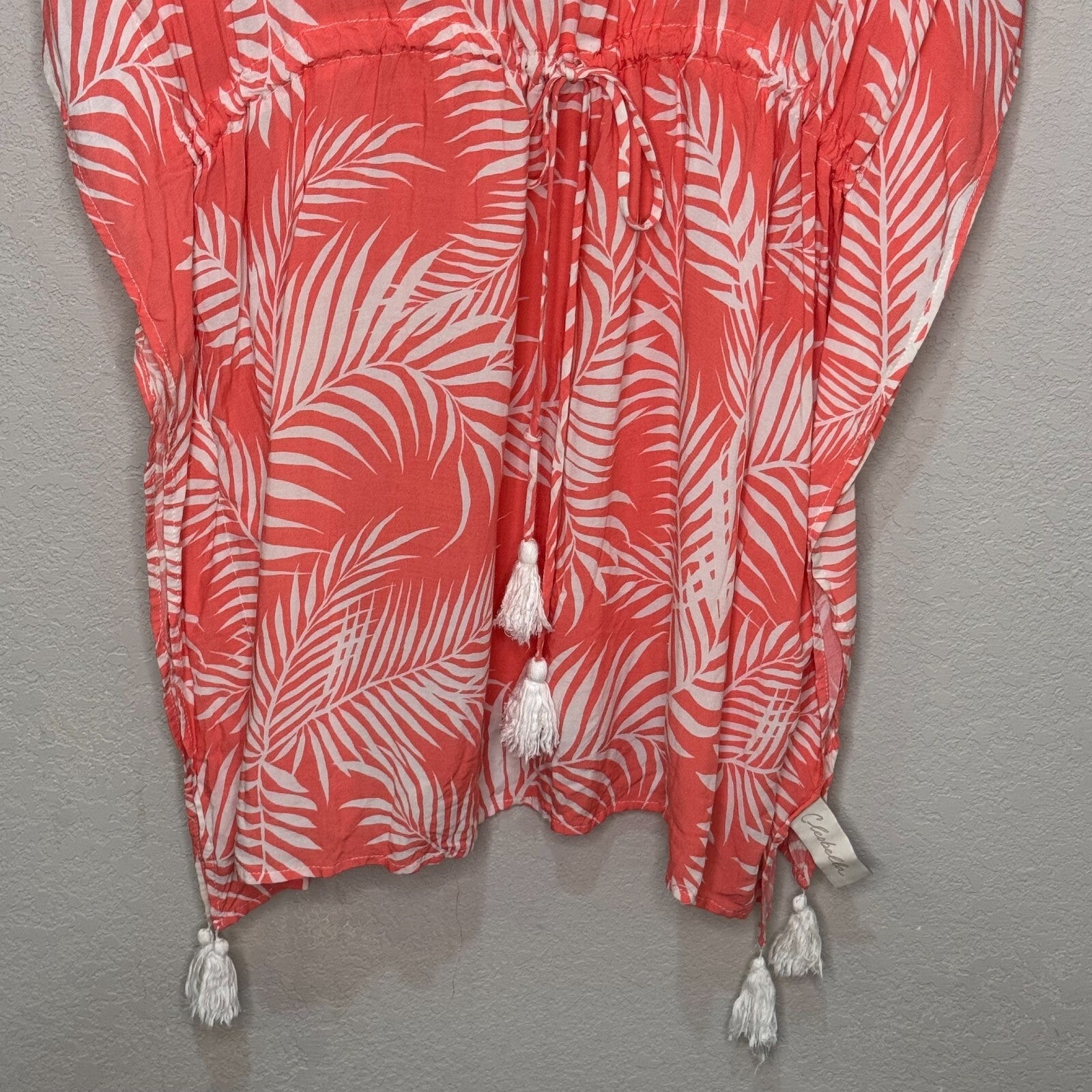 Cleobella Dreamy Sunset Swim Cover-Up  One Size Tassels Palm Print Coral White