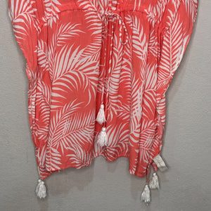 Cleobella Dreamy Sunset Swim Cover-Up  One Size Tassels Palm Print Coral White