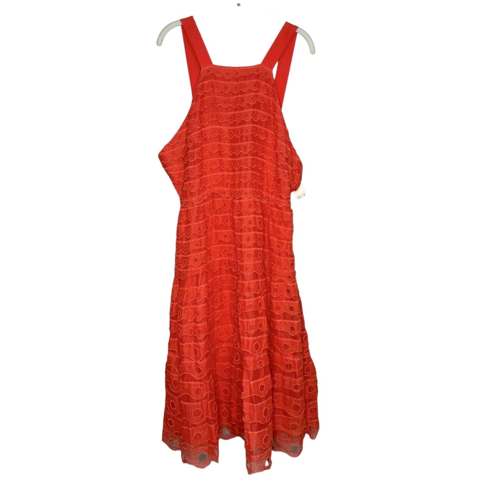 Anthropologie Maeve Coral Sleeveless Eyelet  Midi Sun Dress Size 12 NEW $260