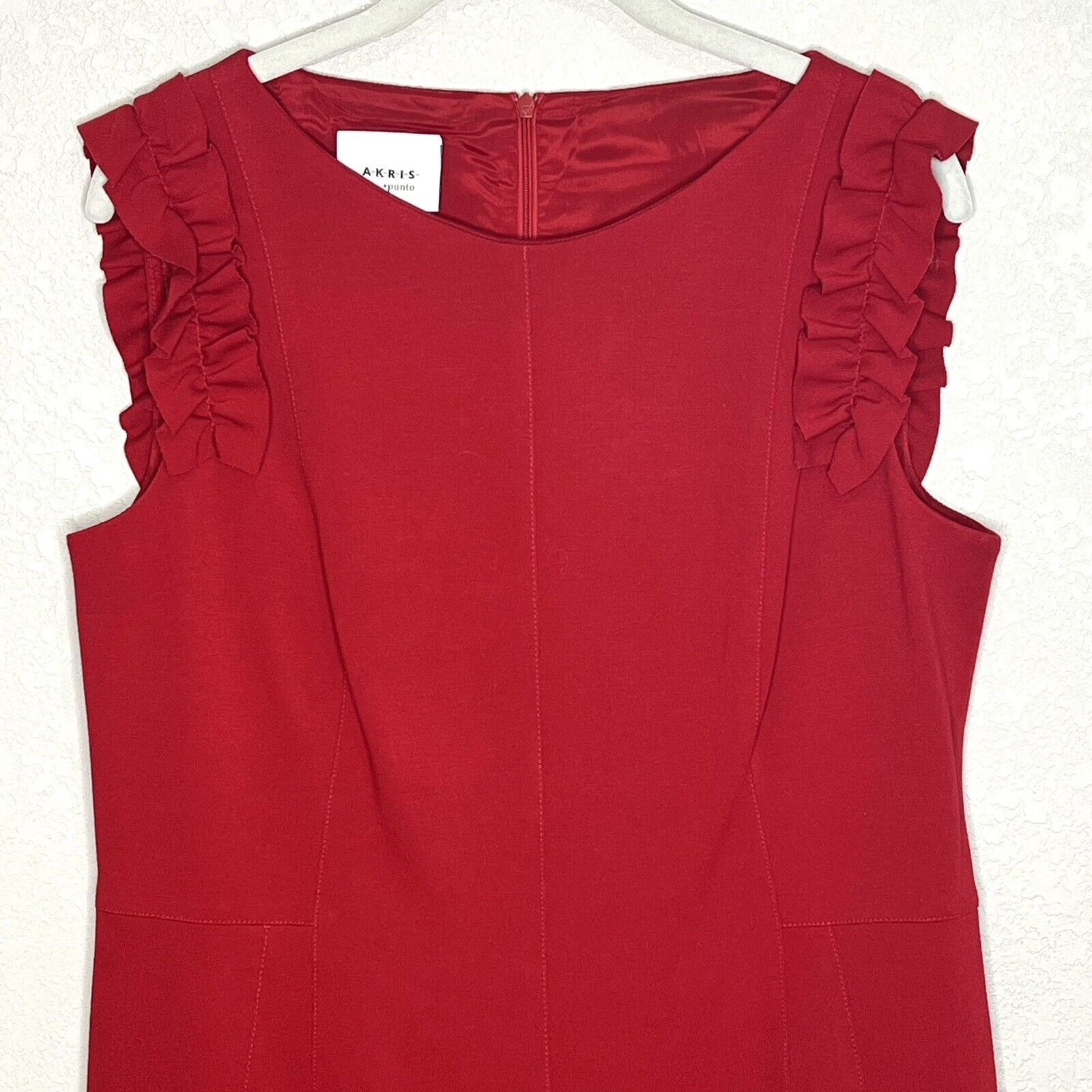 Akris Punto Sheath Dress Size 10 Red Ruffle Sleeve Career