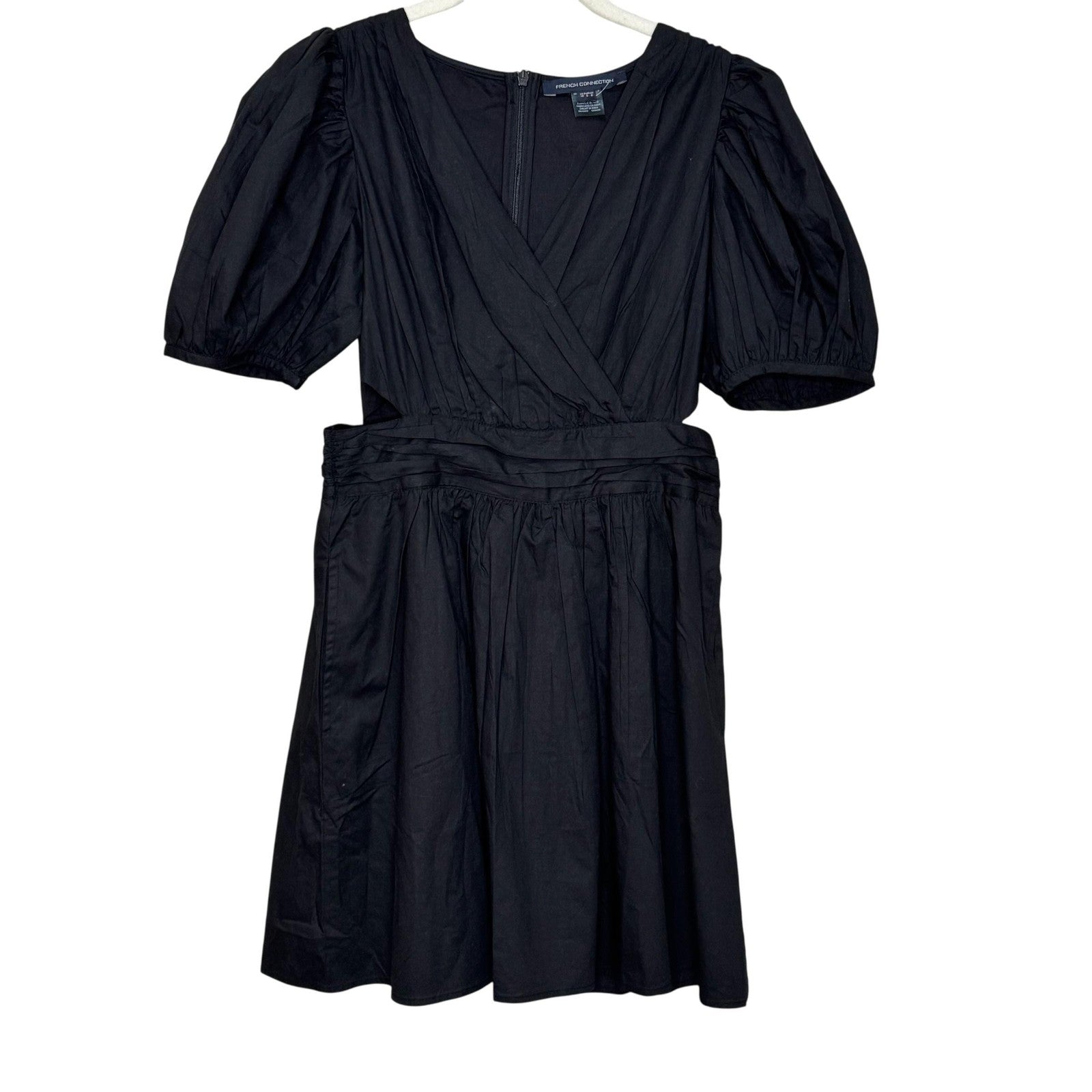 French Connection Dress Womens 6 Black Puff Sleeve Organic Cotton Pockets New