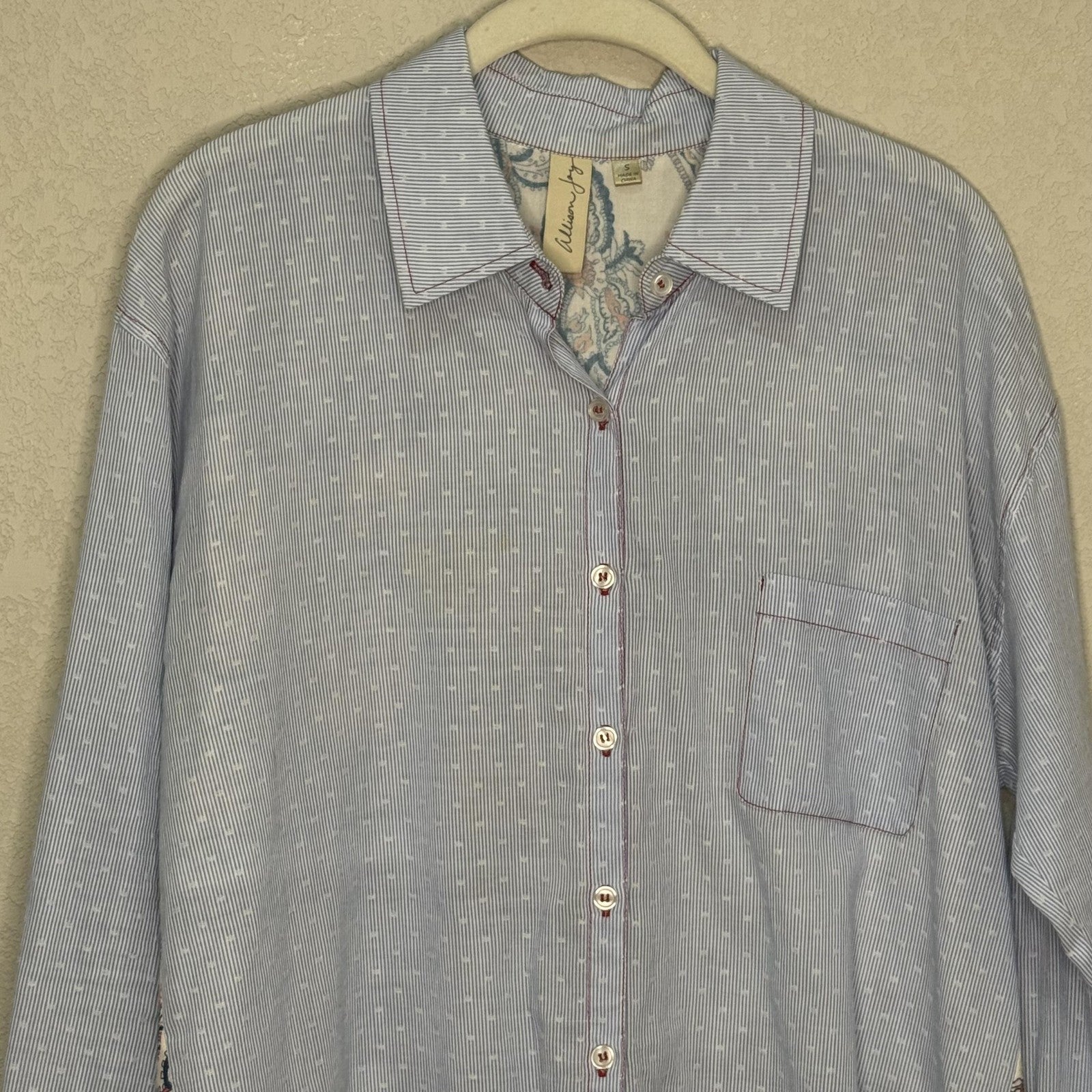 Allison Joy Shirt Womens Small Stripe Paisley Boho Button Up Patchwork Top Blous