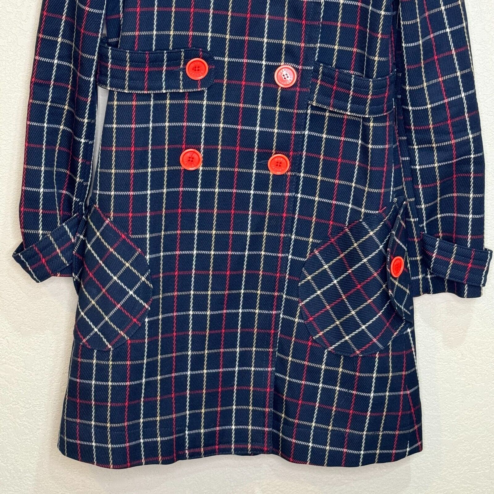 Marc Jacobs 2003 Double Breasted Blue Plaid Wool Coat Red Buttons Size XS/S