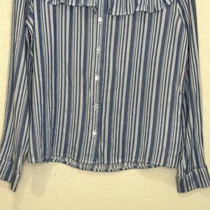 ONLY Shirt Womens Medium EU 38 Blue White Stripe Ally Frill Long Sleeve Ruffle